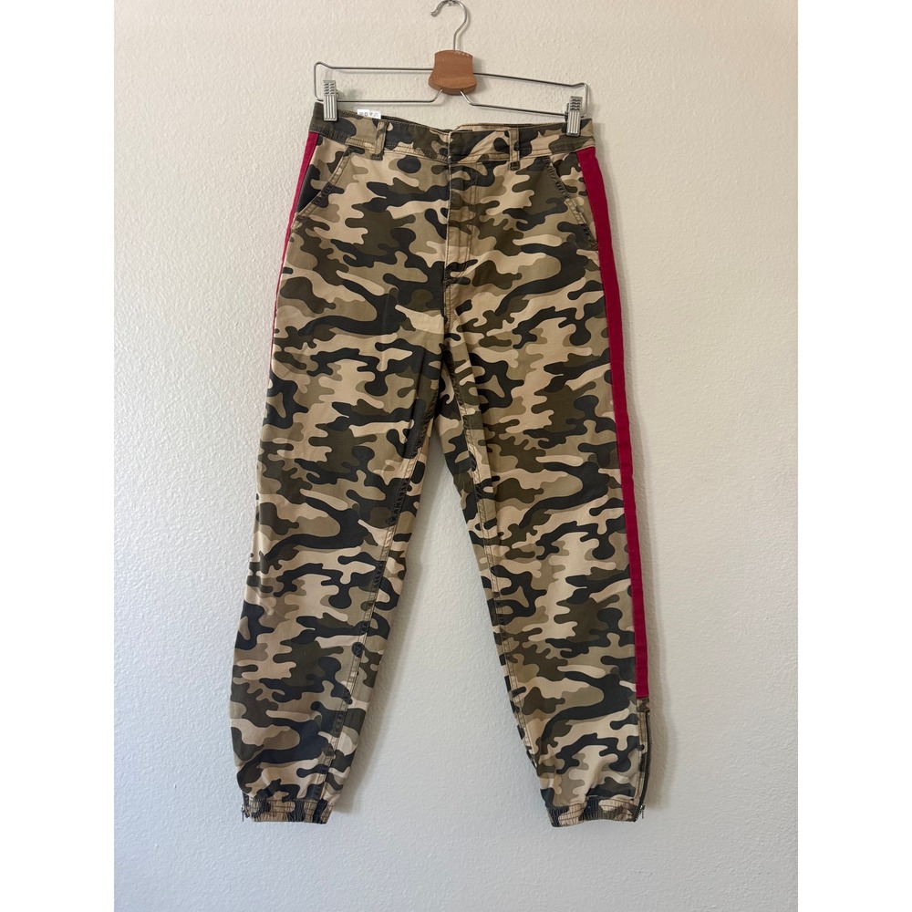 Joe's Jeans Camo Jogger Pants Red Side Stripe Ankle Zip Size 28 Green Excellent